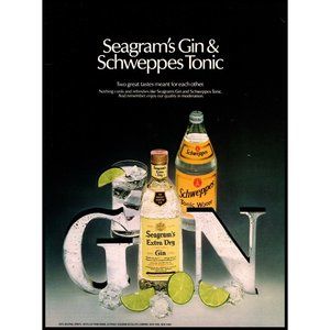 1981 Seagram's Gin Schweppes Tonic Vintage Print Ad Lime Cocktail Bar Wall Art